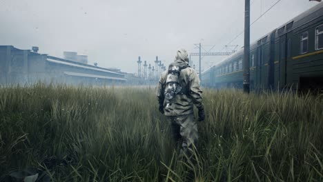 post apocalyptic atmosphere with a lone survivor man and a train going nowhere. a man surviving a nuclear apocalypse. the looped animation is ideal for sci-fi, military and apocalyptic backgrounds.