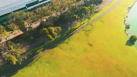 Cyclist-riding-on-beautiful-track-by-the-lake-of-Parque-Barigui-followed-by-drone-aerial-view,-Curitiba,-Paraná,-Brazil