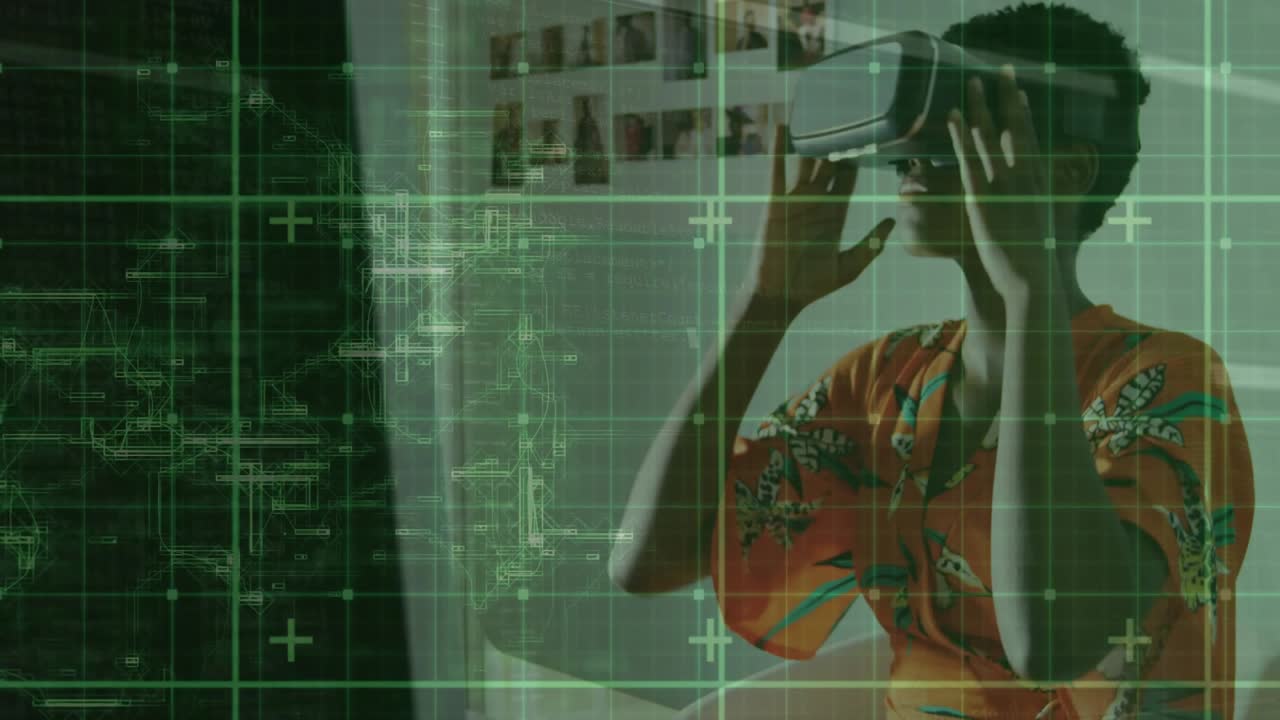 Woman lifting VR headset and adjusting strap then exploring animated tech interface with swiping