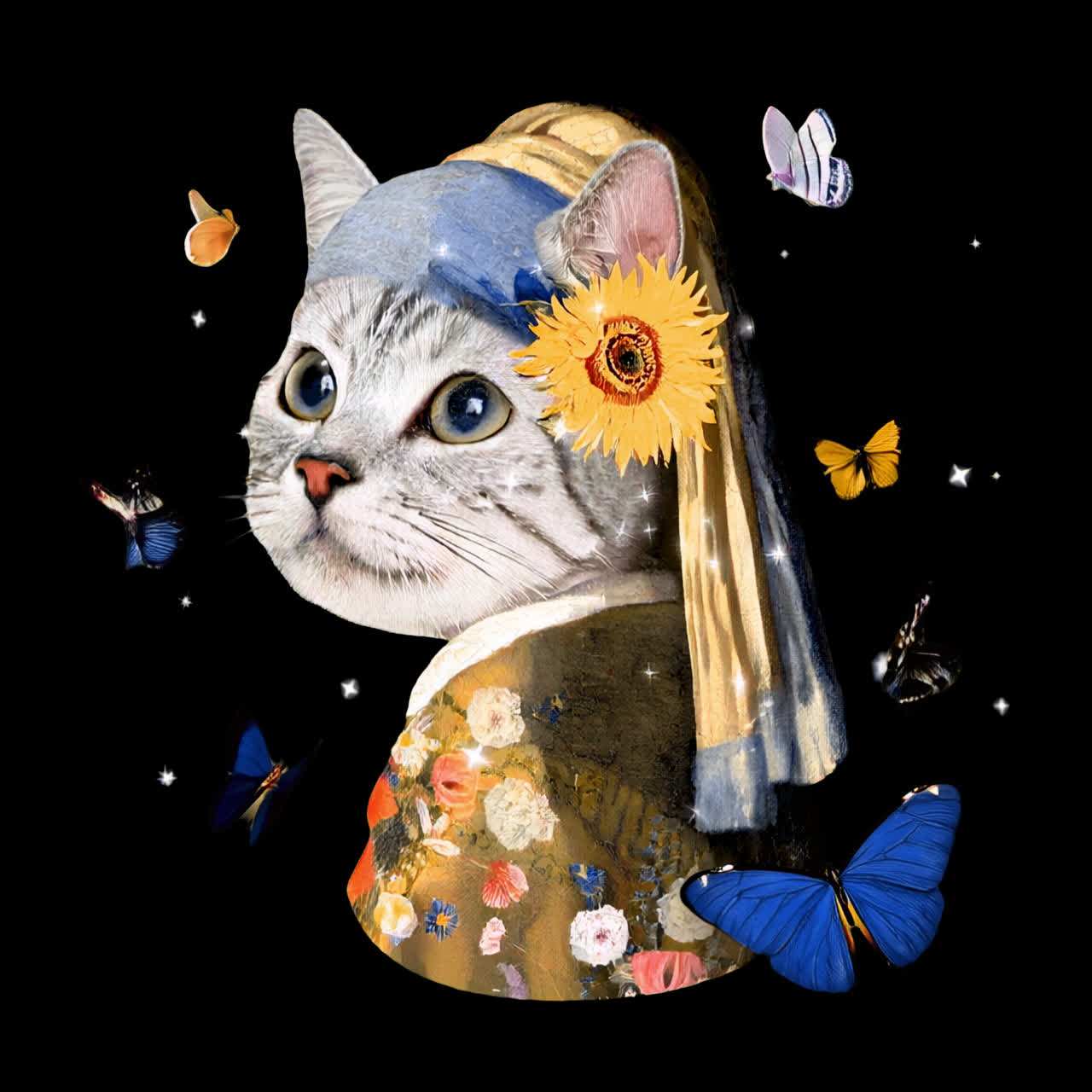 Kucing unik, terinspirasi oleh Johannes Vermeer, aset animasi terisolasi, video 4K transparan.