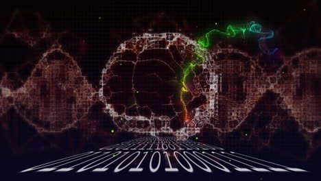 DNA strand with binary coding, processing scientific data in animation style