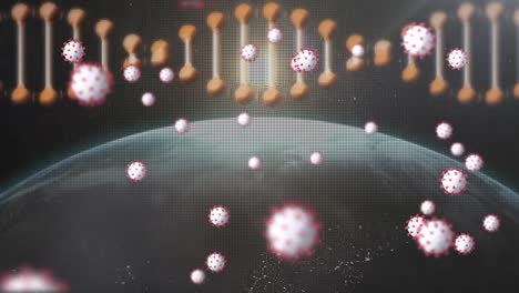 dna structure spinning and covid-19 cells moving against globe