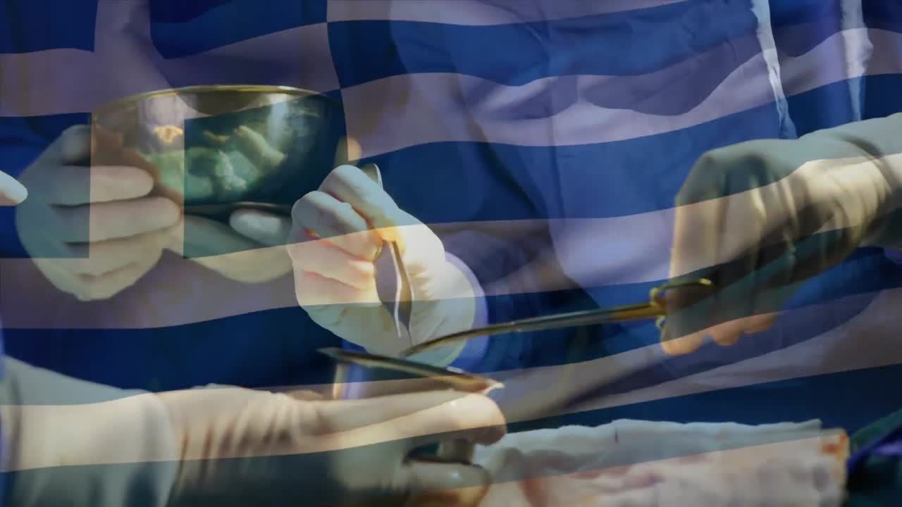 수술실 에 있는 외과 의사 들 위 에 그리스 국기 가 흔들리는 애니메이션