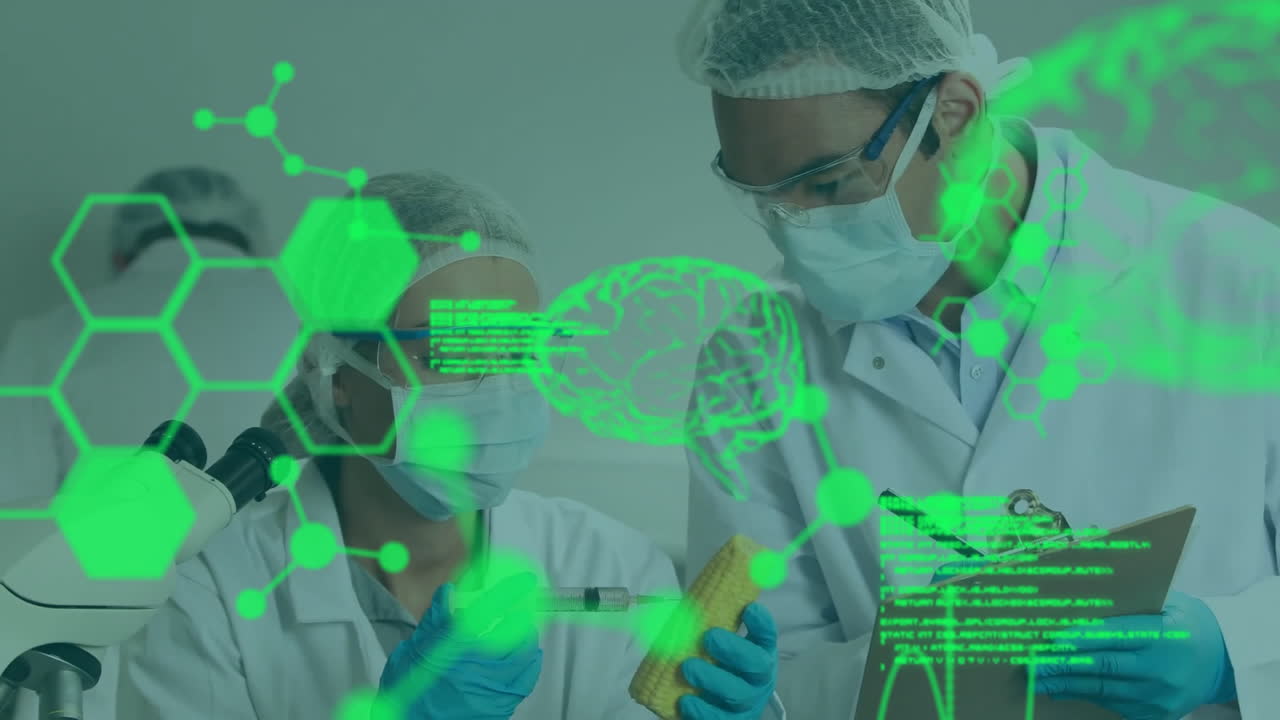 실험실에서 일하는 다양한 과학자들에 대한 디지털 뇌로 데이터 처리의 애니메이션