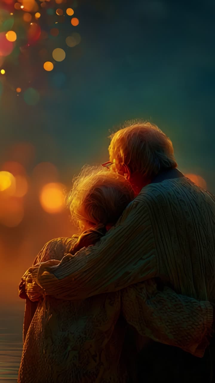 Una coppia di anziani si abbraccia teneramente, illuminata da luci bokeh colorate in un ambiente sereno, celebrando l'amore e la compagnia su uno sfondo vivace