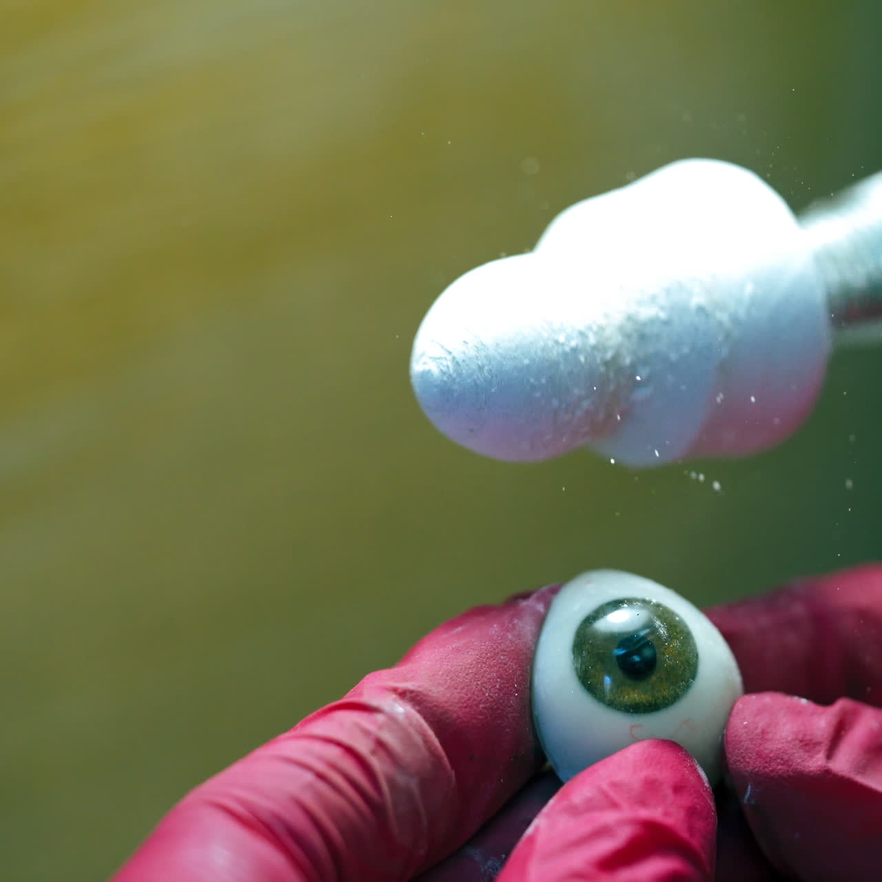 Polishing the eye prosthesis. Hands in pink gloves holding artificial eye at special tool for cleaning. Close-up.