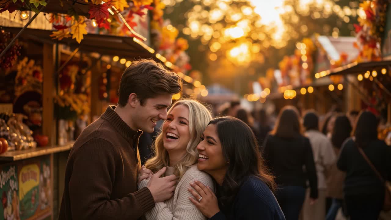Three Friends Enjoying an Autumn Festival at Sunset