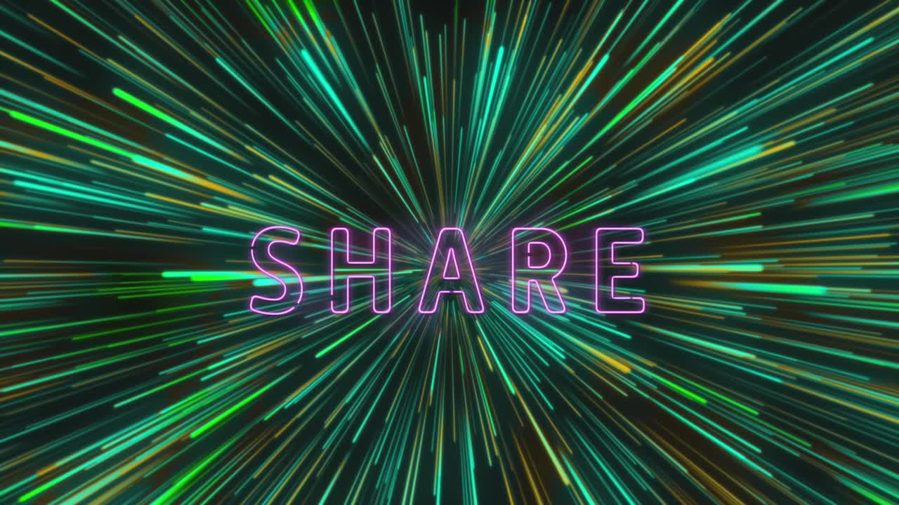 Animation of neon purple share text banner over green light trails against black background