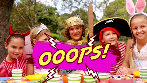 oops text on speech bubble against group of kids in costumes