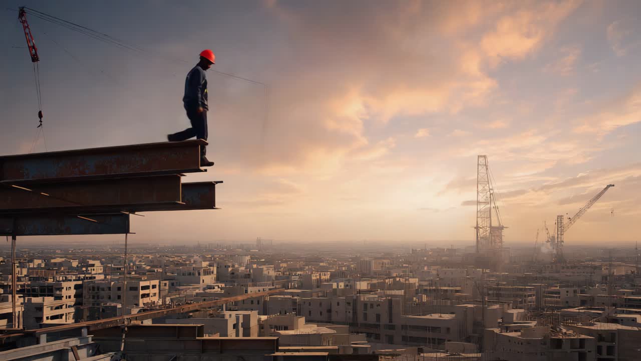 Construction Worker Walking on High Steel Beam Above City