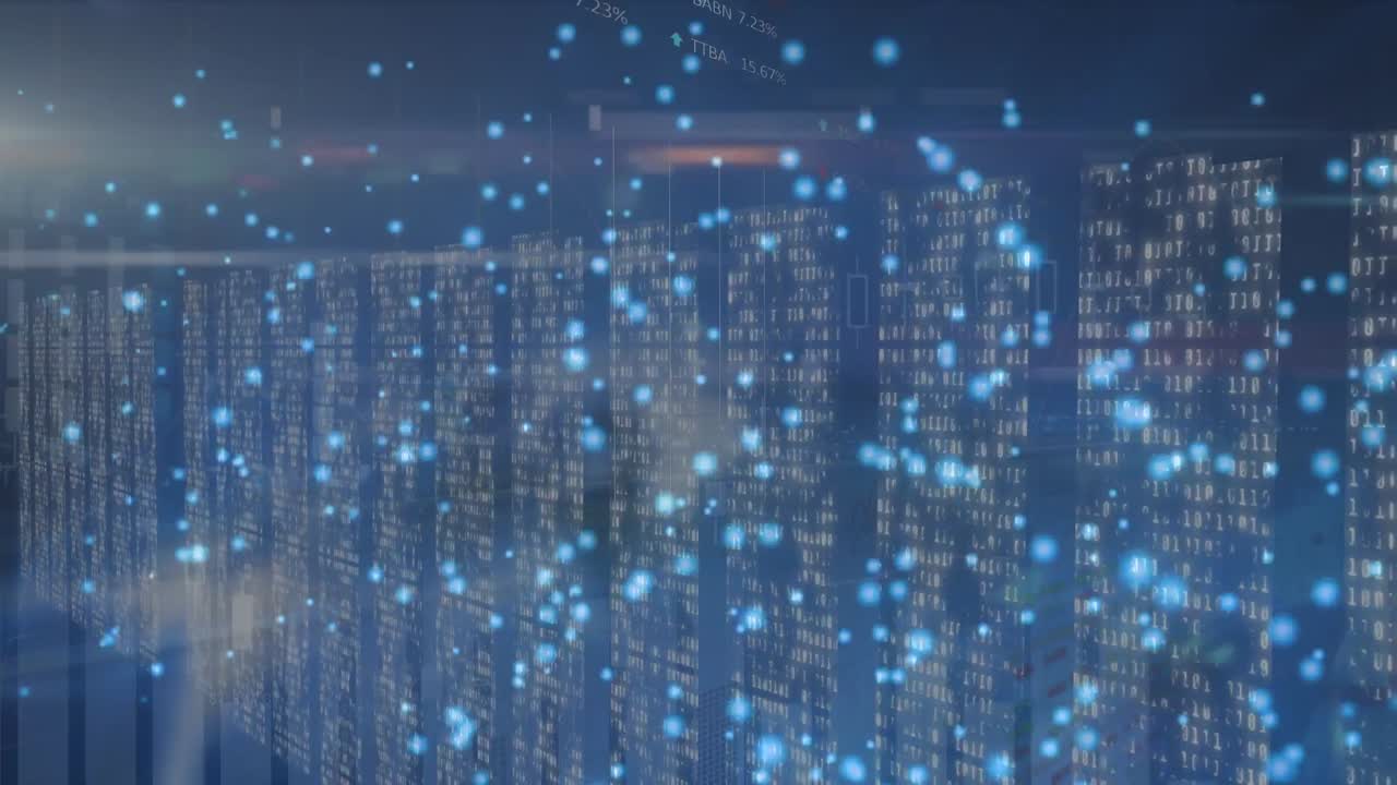 Animation of glowing dots moving over binary codes forming bar graphs