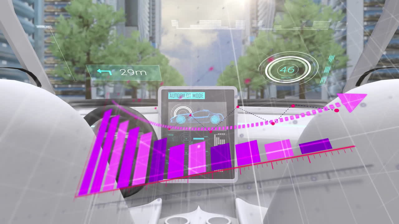 Displaying animation of futuristic data, autonomous car dashboard in autopilot mode