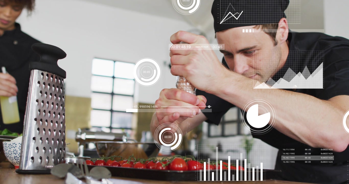 Chef turning pepper grinder over tomatoes monitoring culinary seasoning with animated overlays