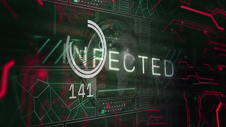Animation of infected text over globe and processing data on black interface screen