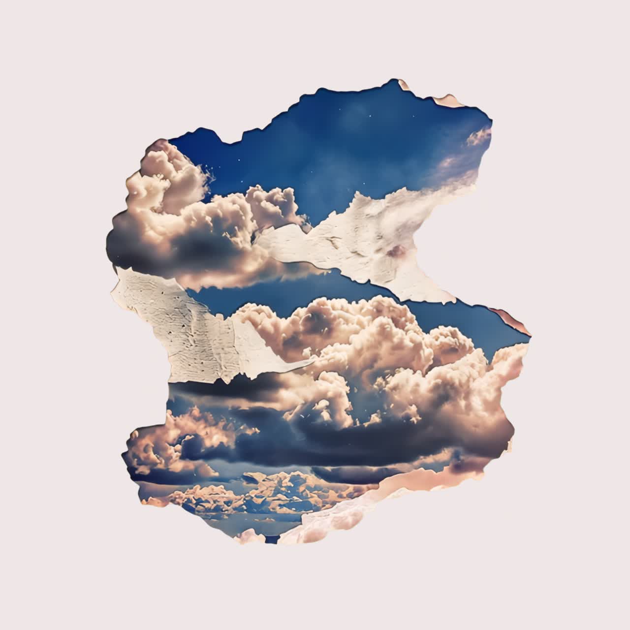 Clouds and sky on ripped paper animation isolated asset, transparent 4K video, alpha channel, ProRes