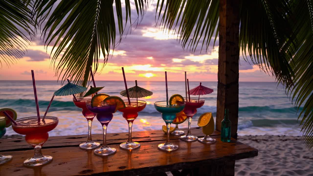 Coquetéis tropicais em uma mesa à beira-mar ao pôr do sol, capturados de um ângulo baixo.