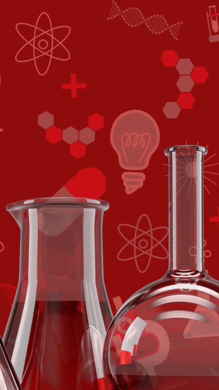 Animation of beakers, flasks, test tubes and book icons against science concept icons