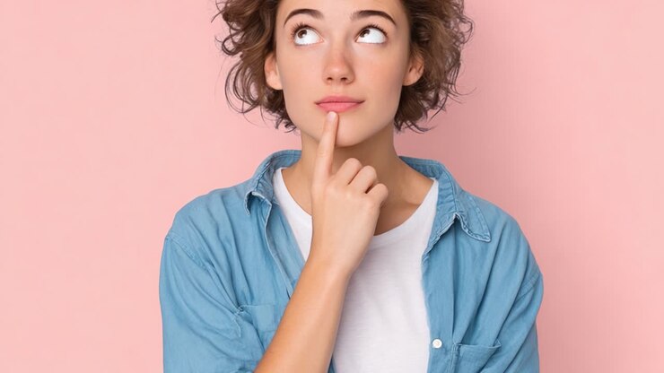 Contemplative Expression with a Thoughtful Gesture Against a Soft Pink Background: A Portrait Capturing Curiosity and Reflection