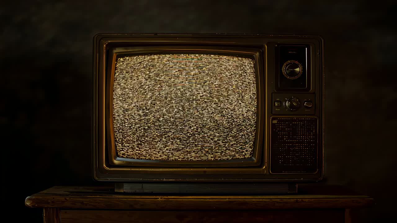Inquadratura iniziale con carrellata della telecamera verso un televisore vintage con cornice in legno che mostra della statica su un tavolo di legno