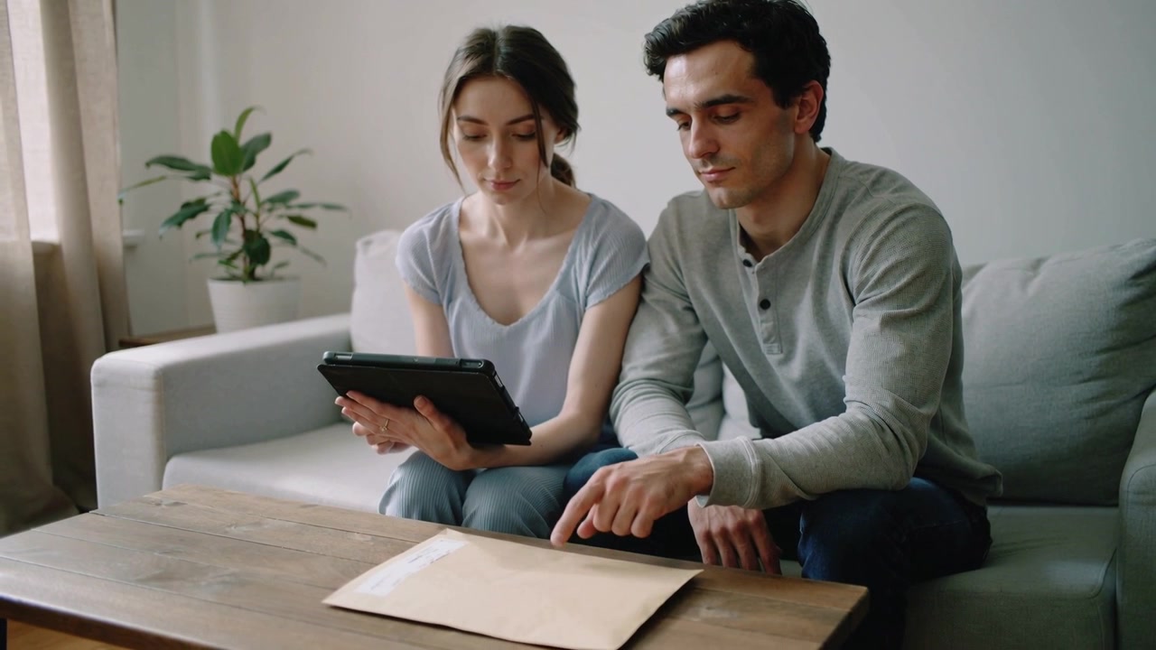 Uomo che indica guida una donna nel rivedere un tablet sul divano di casa, considerando di aprire una busta sigillata