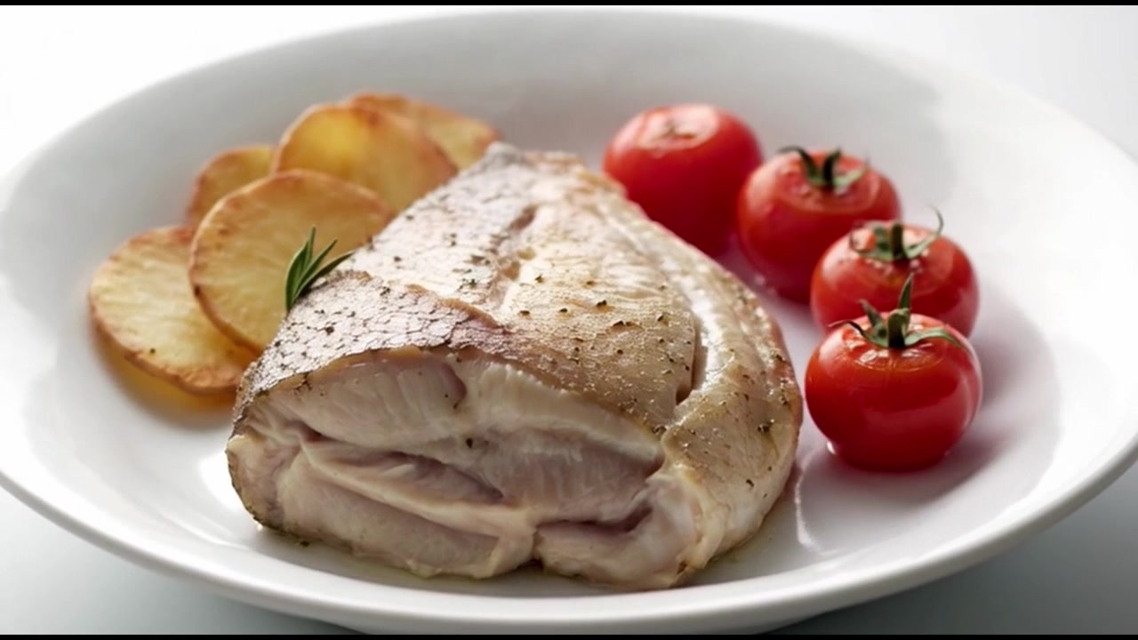 Filete de pescado a la parrilla servido con patatas asadas y tomates cherry