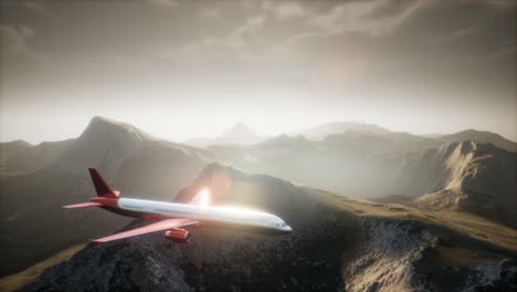 Passenger-aircraft-over-mountain-landscape