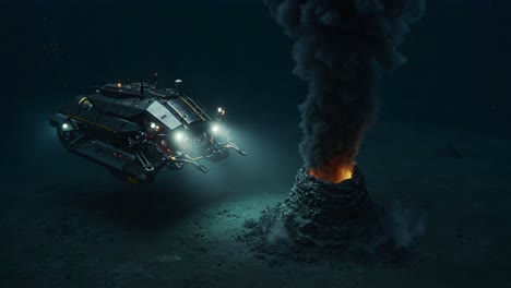 a deep-sea exploration vehicle approaches an underwater volcano erupting ash and gas, illuminating the dark ocean depths with its powerful lights
