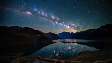 milky way reflected in a mountain lake at night