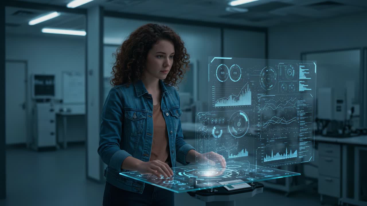 A Young Woman Interacts with an Advanced Holographic Display in a Modern Laboratory, Analyzing Data with Precise Gestures and High-Tech Visualizations