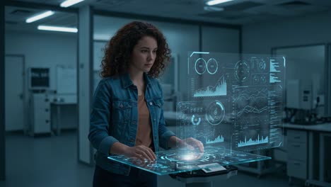 a young woman interacts with an advanced holographic display in a modern laboratory, analyzing data with precise gestures and high-tech visualizations
