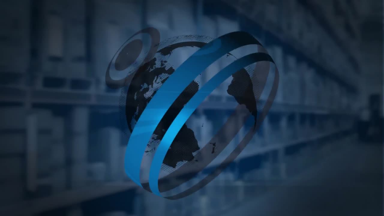 escáneres redondos y un globo girando contra el almacén en el fondo