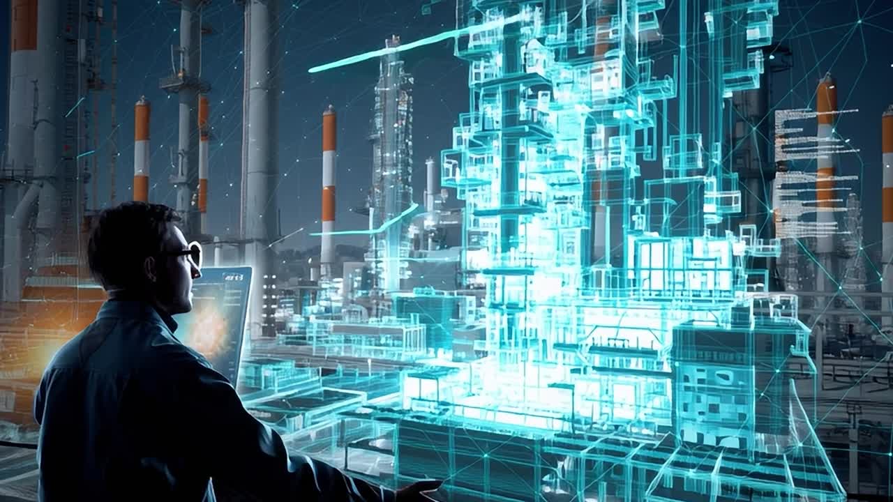 Modern industrial site with digital projections at night