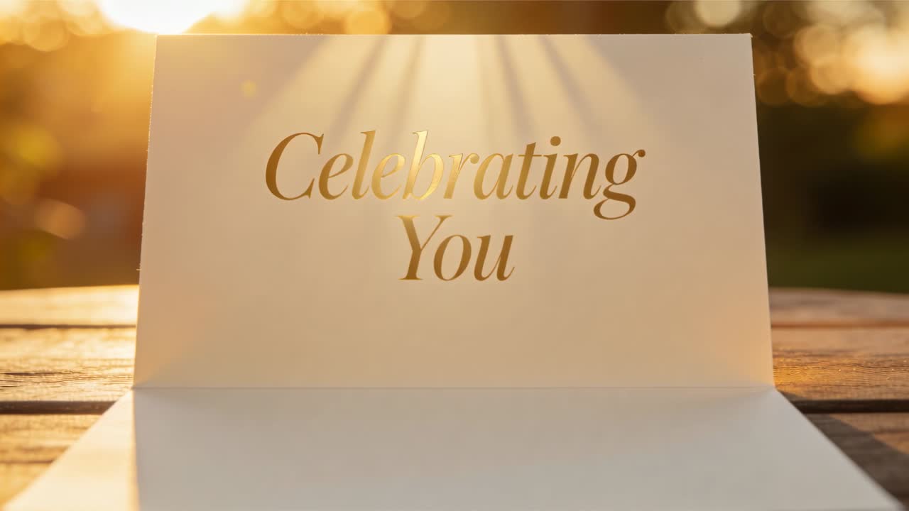 Streaming sunbeams highlighting gold-foil greeting card on wooden table, shifting warm bokeh glow