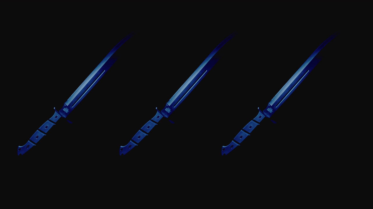 Knives on the dark background and in blinking red and blue light rotate in slowmotion