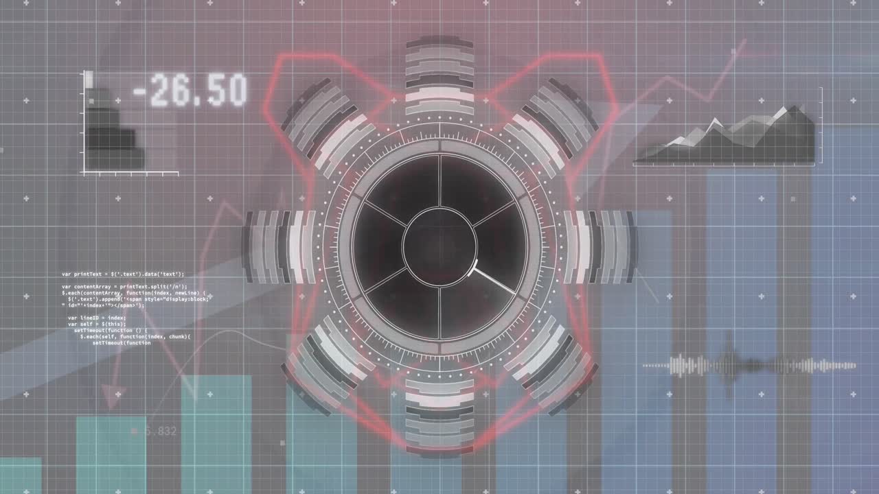 둥근 스캐너의 애니메이션과 보라색 바탕에 그리드 네트워크를 통해 통계 데이터 처리