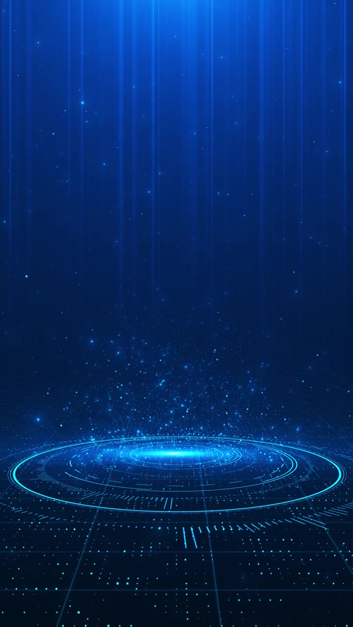 Cyan virtual portal stage background luminous floor rings falling beams sparkling particles tech