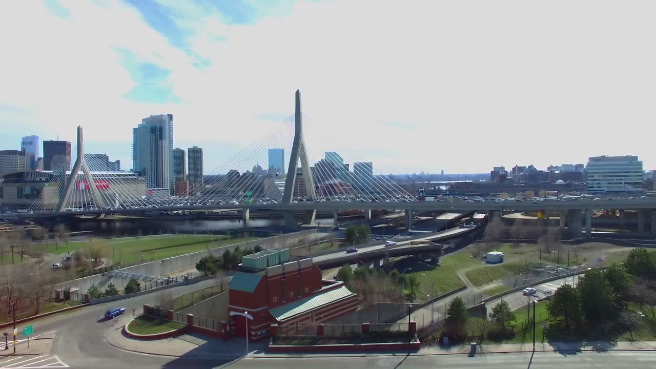 The Boston big dig bridge during traffic hour.