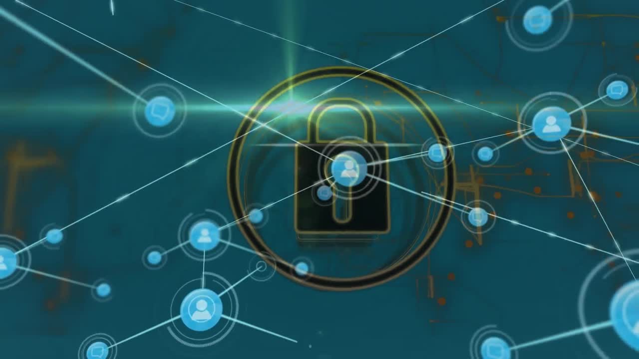 animación del icono del candado de seguridad, la red de conexiones y el punto de luz contra fondo azul