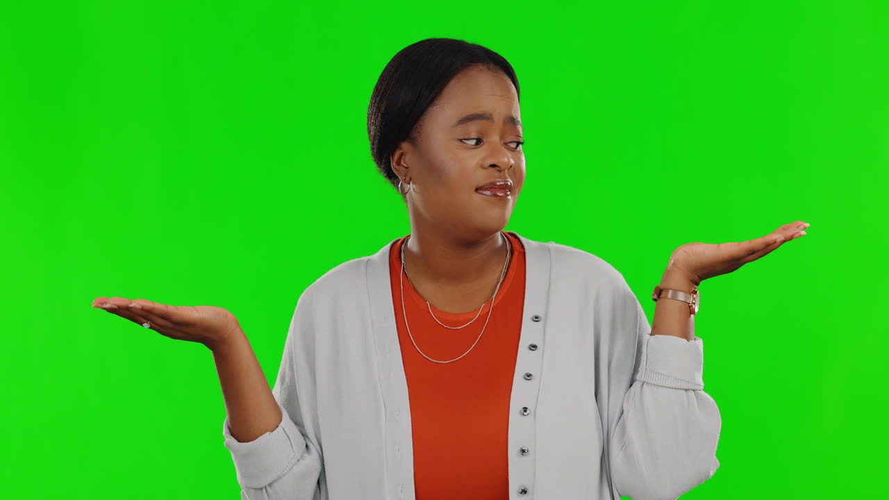 Choice, mockup and confused with black woman