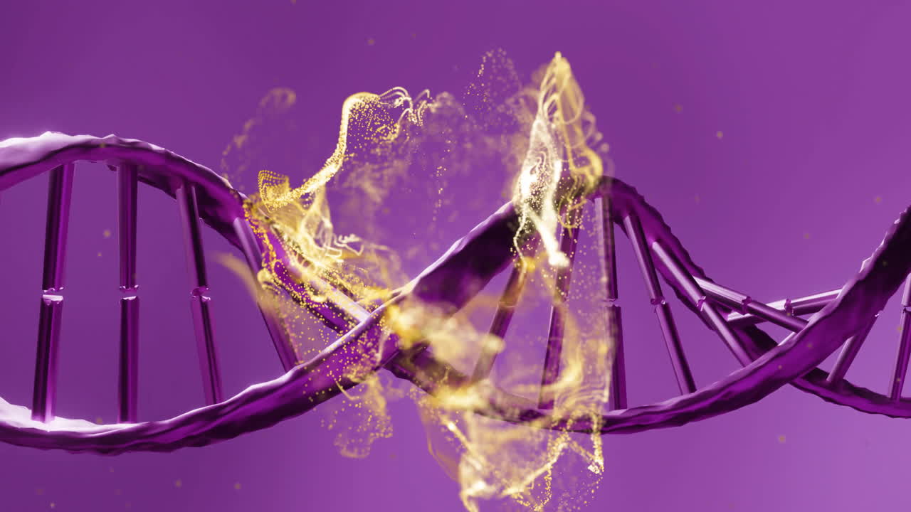 днк нить с светящимися частицами анимации на фиолетовом фоне