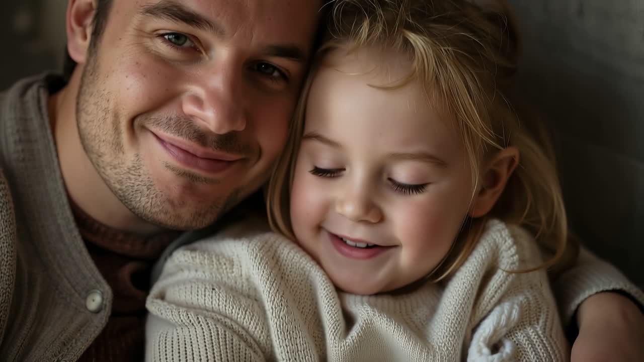 Guardando verso la telecamera, un padre accarezza teneramente la figlia e le mormora dolci parole sul divano, indossando maglioni di lana e mostrando il loro amore.