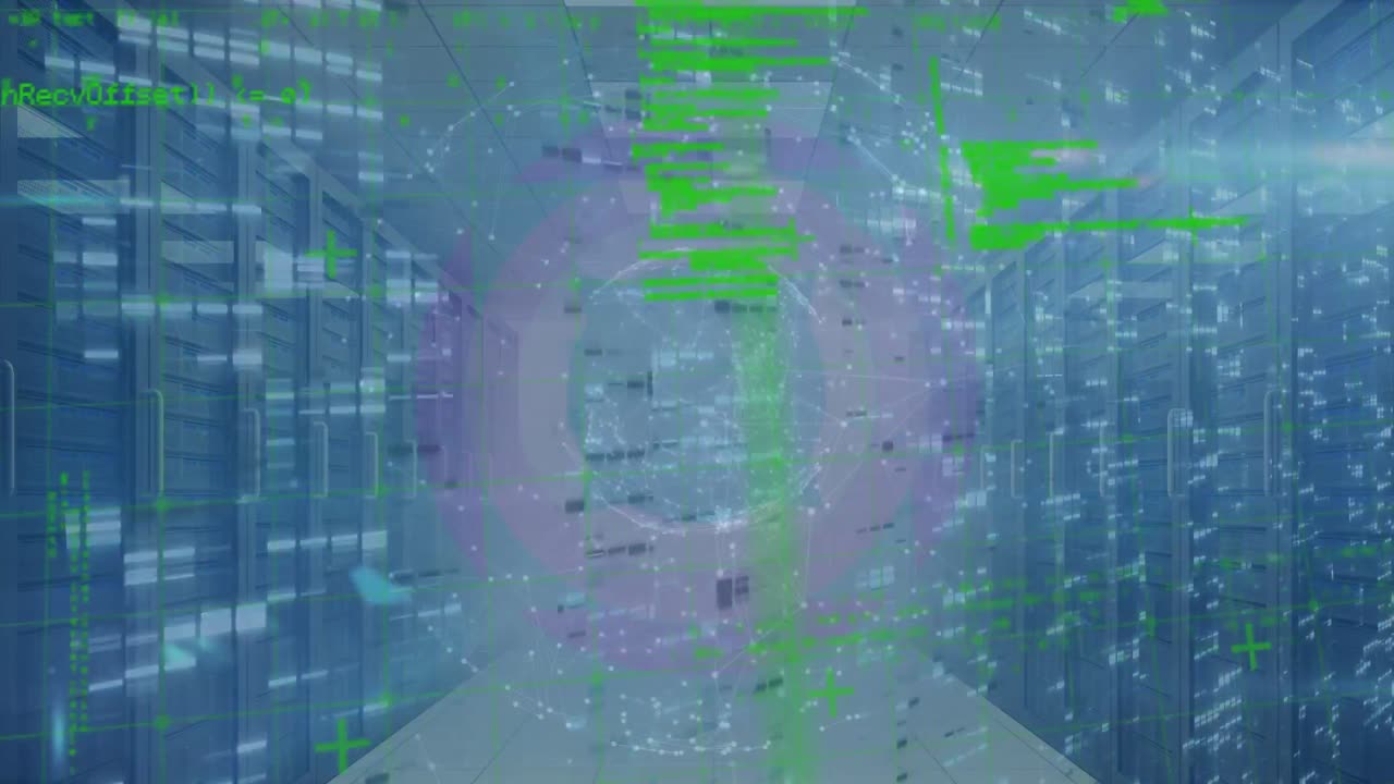 Animation of data processing, mosaic squares and spinning globe against computer server room