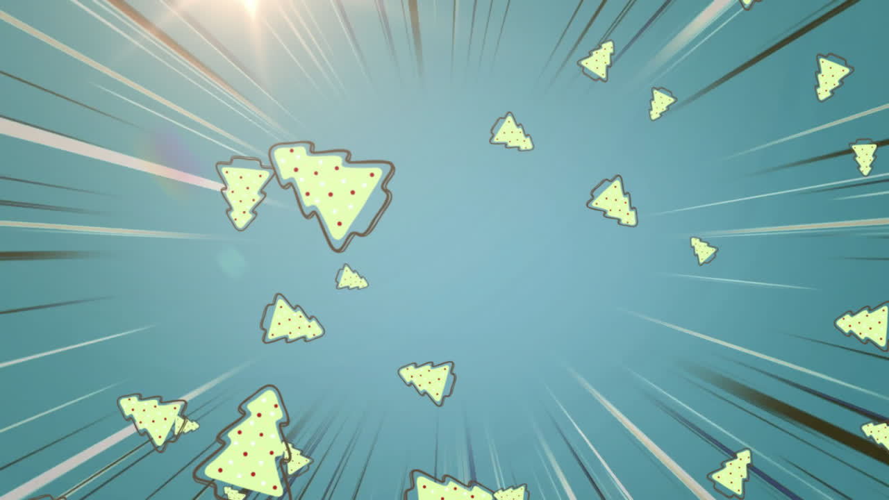 빛나는 파란색 배경 위에 떨어지는 크리스마스 트리의 애니메이션