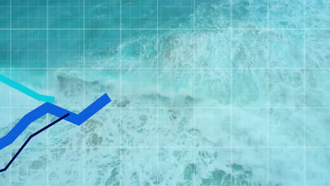 animation of blue lines and financial data processing over seascape