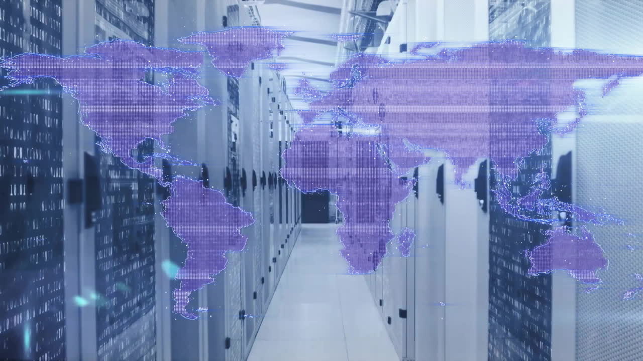 세계 지도의 애니메이션과 컴퓨터 서버를 통한 데이터 처리