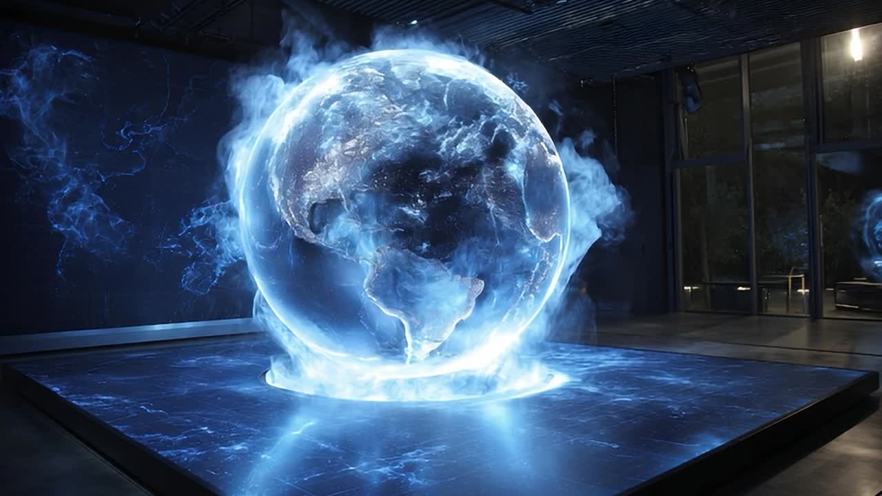 Globo olografico 3D con continenti illuminati ed effetti atmosferici
