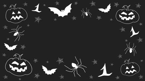 White-halloween-hand-drawn-doodles-stop-motion-animation,-with-pumpkins,-spiders-and-bats,-on-a-black-background