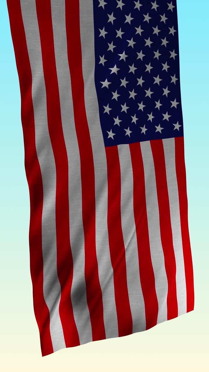 Detaljeret vertikalt portræt nærbillede af amerikansk flag, der blafrer i vinden. Mørk, stormfuld blå himmelbaggrund. Højkvalitets 4k sømløs loop-animation