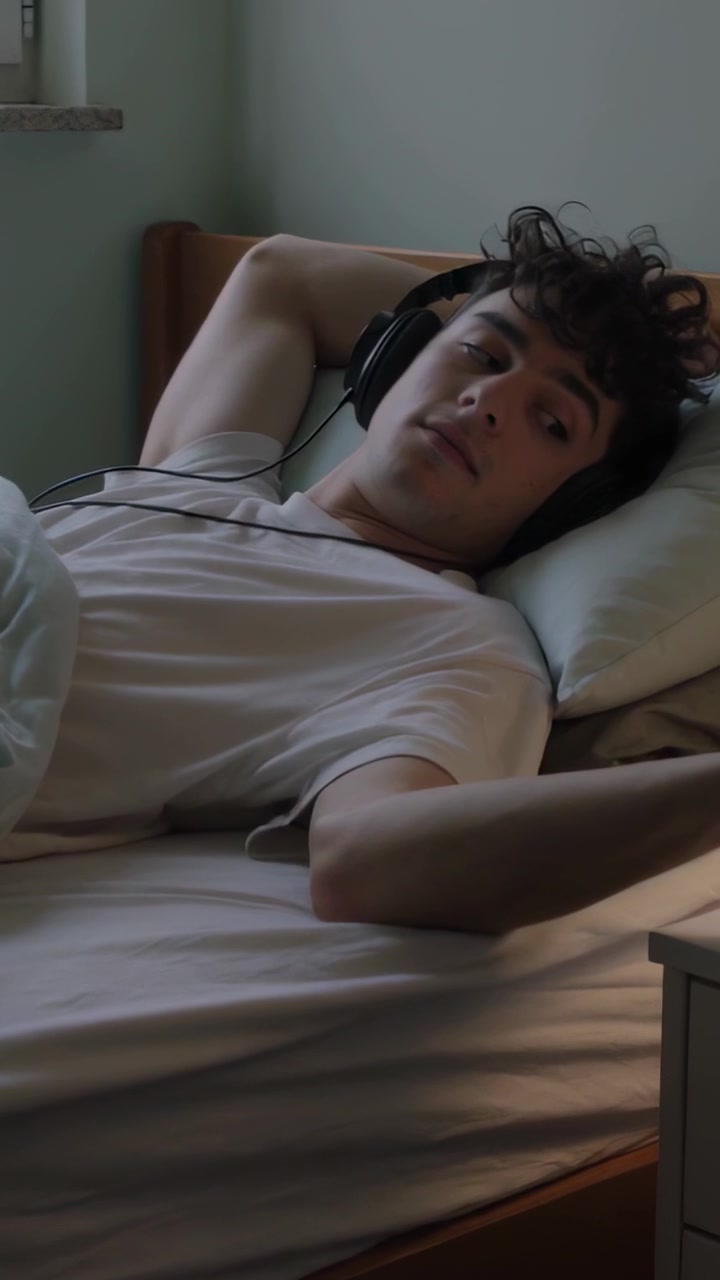 Video vertikal: Mengenakan headphone berkabel, pria memiringkan kepala dan meraih meja di kamar tidur, kaus putih.
