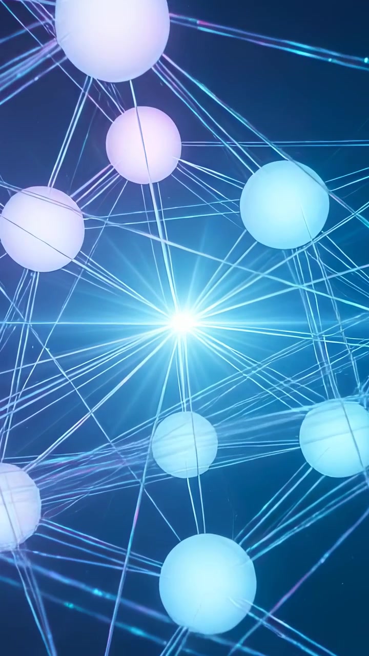 Video vertical: Cámara moviéndose en un campo azul, orbes y líneas pulsando, un centro destellando y enlazando.
